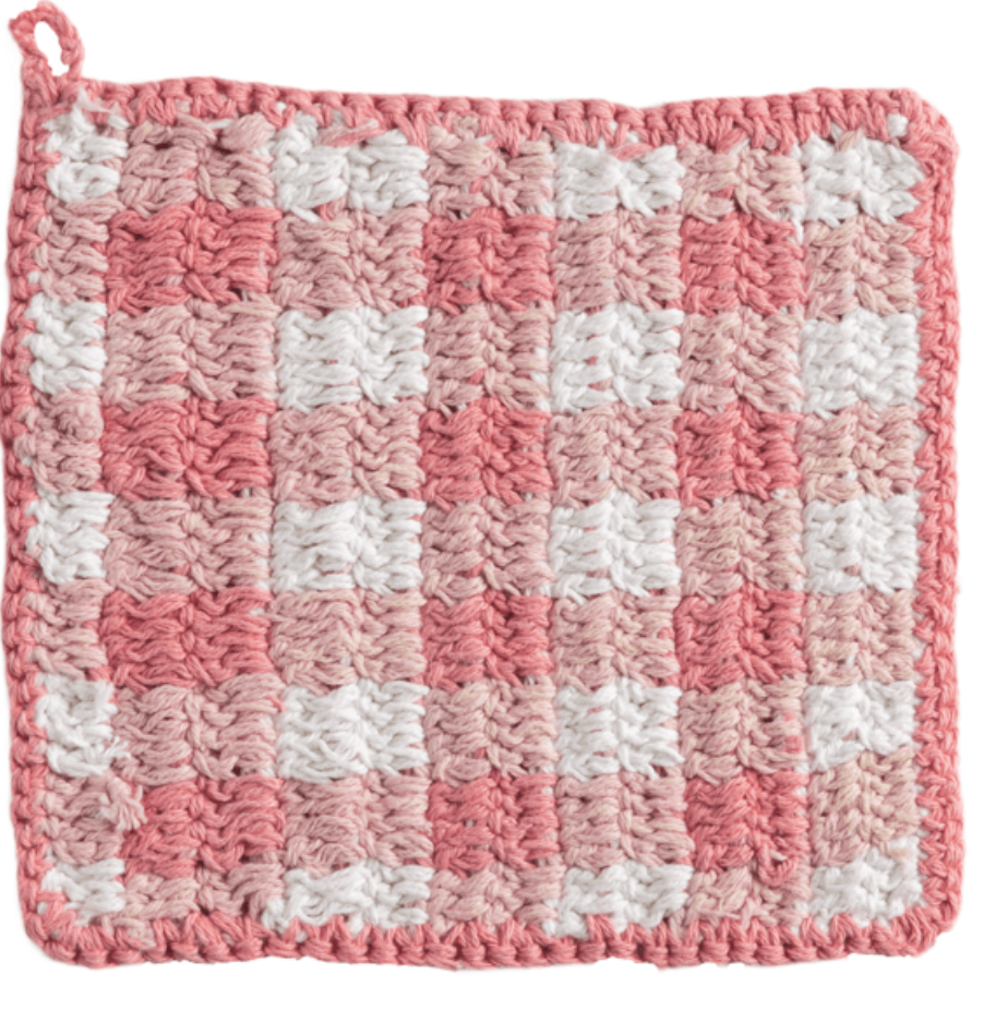 PINK CHECK CROCHET POT HOLDER