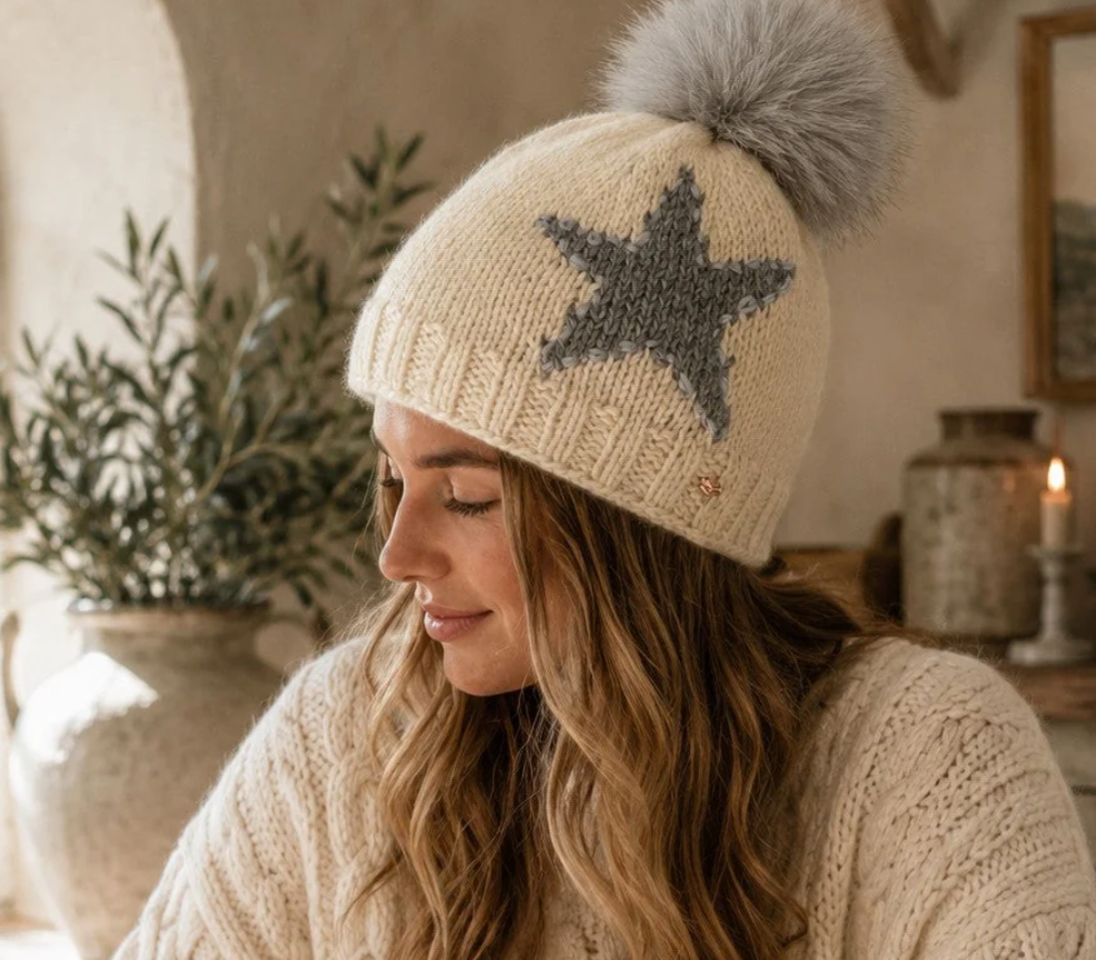 Star Embroidered Knit Pom Beanie - Ecru