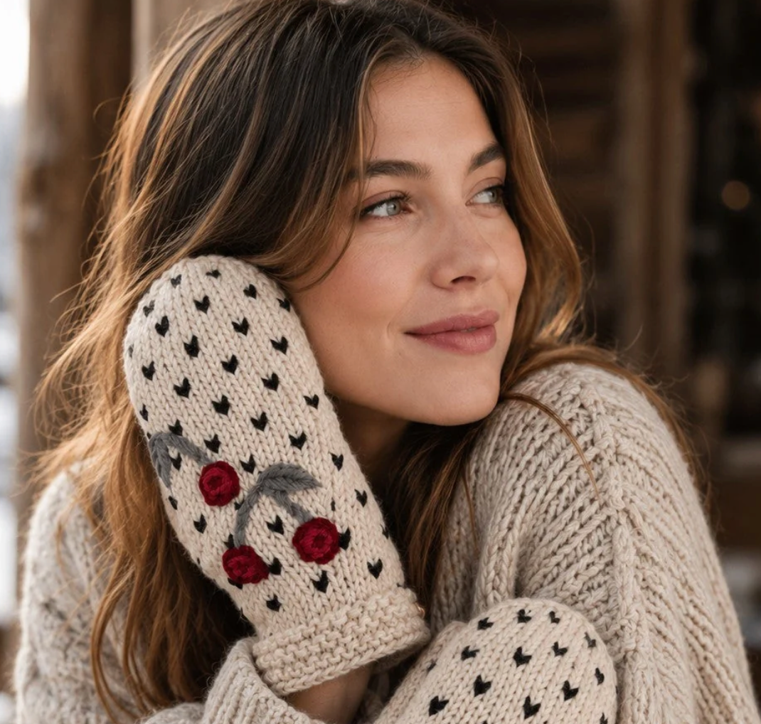Cherries Embroidered Knit Mittens - Ecru