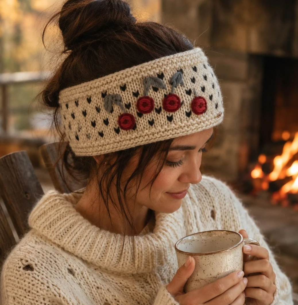 Cherries Embroidered Knit Headband - Ecru