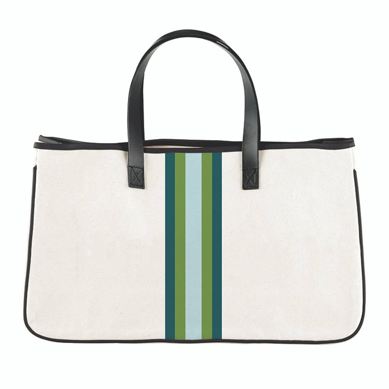 Racer Stripe Canvas Tote - Natural + Teal Stripes: 100% Cotton Canvas/Genuine Leather Handles/Waterproof Lining / 11" H x 20" W x 6" D, Inside Pocket: 7.5" H x 9" W