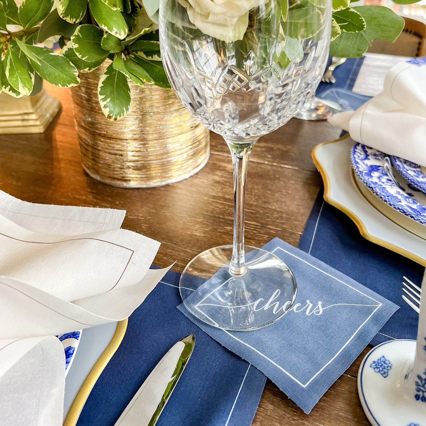 Cotton Cocktail Napkin Roll: Mystic Blue - White "Cheers"