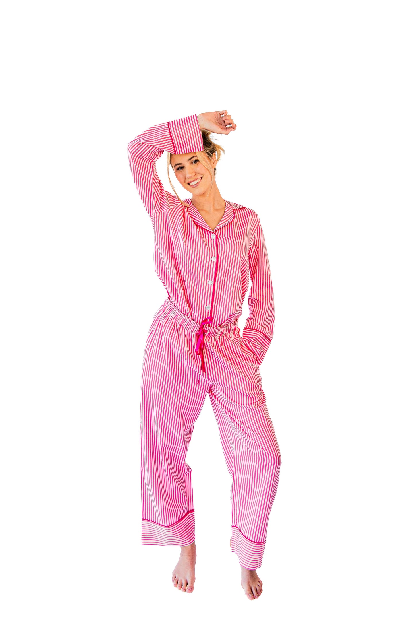 Ticking Stripe Luxe Sateen Full Pajama Set - Pink: Pink / Medium