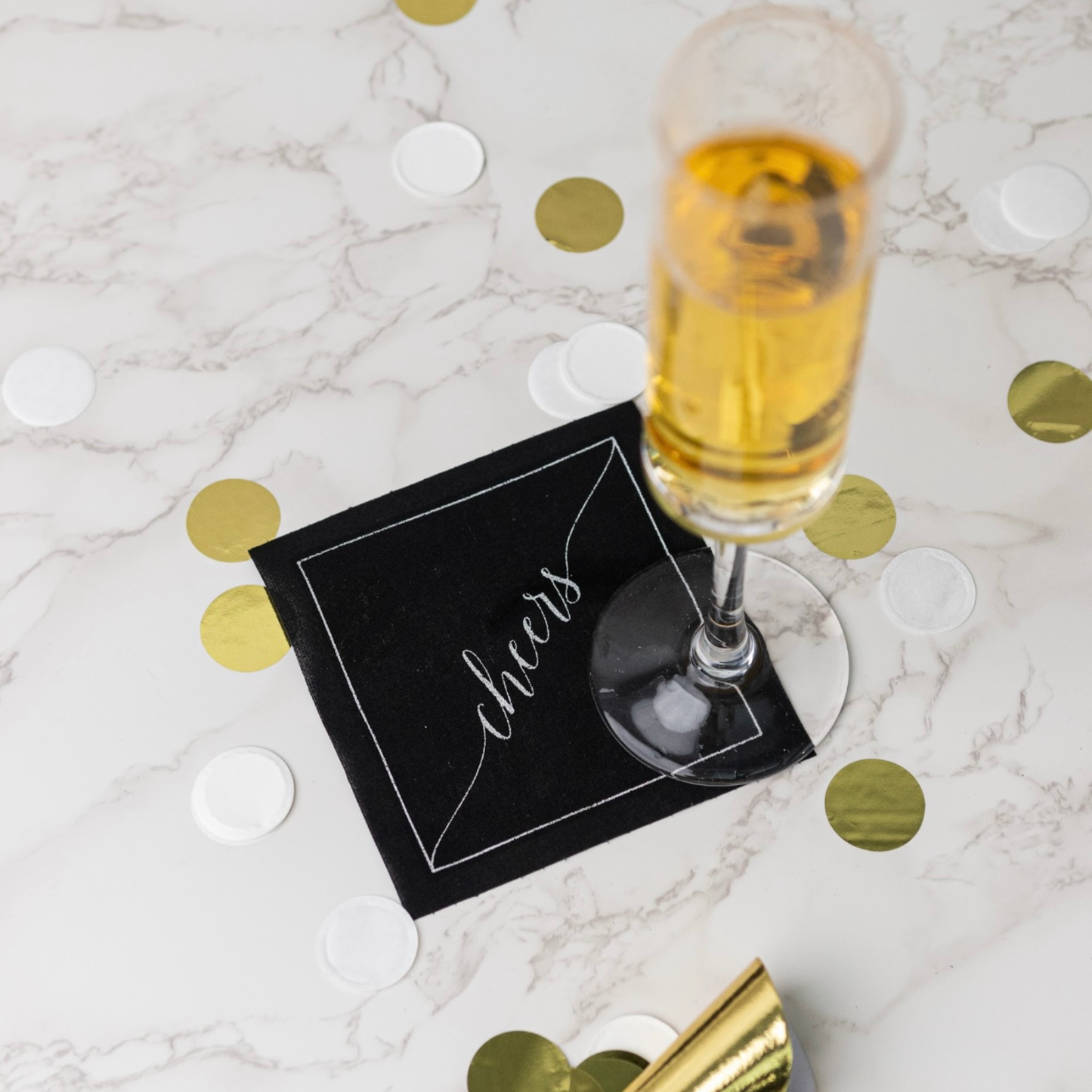 Cotton Cocktail Napkin Roll: Midnight Toast -Silver "Cheers"