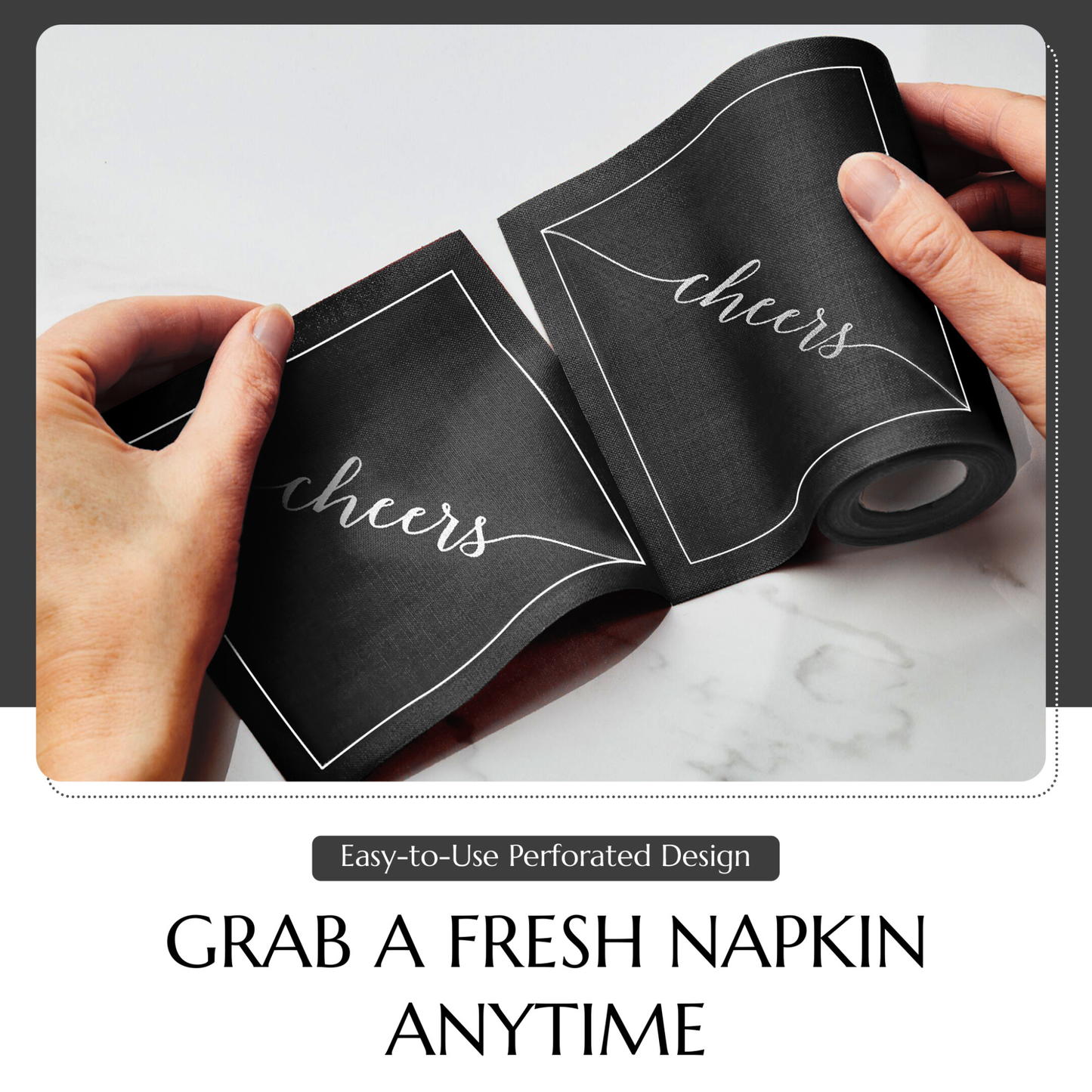 Cotton Cocktail Napkin Roll: Midnight Toast -Silver "Cheers"