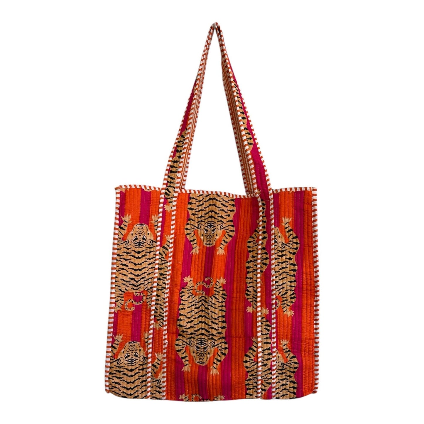Quilted Block Print Tote - Orange Tiger