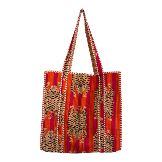 Quilted Block Print Tote - Orange Tiger