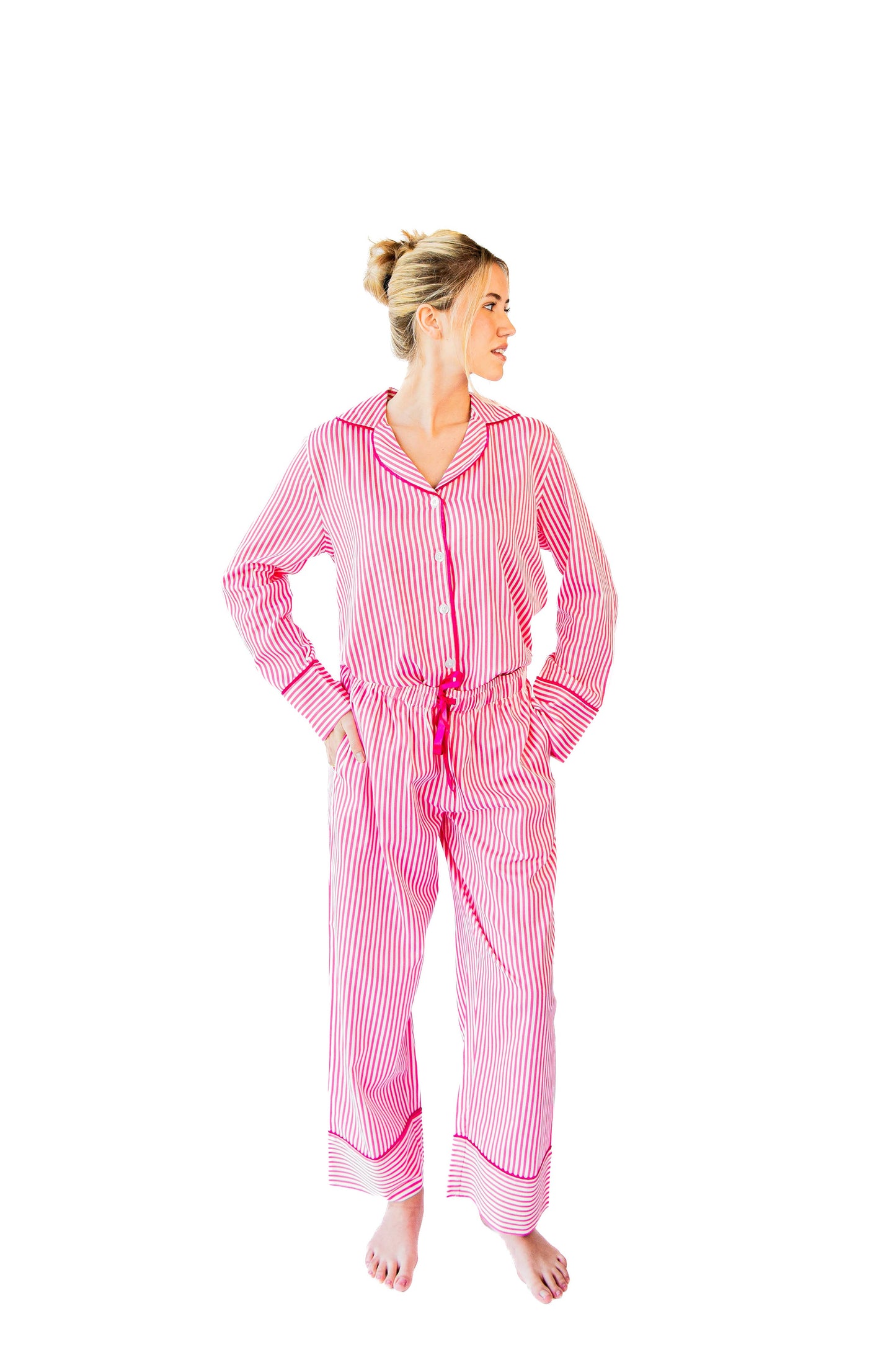 Ticking Stripe Luxe Sateen Full Pajama Set - Pink: Pink / Medium