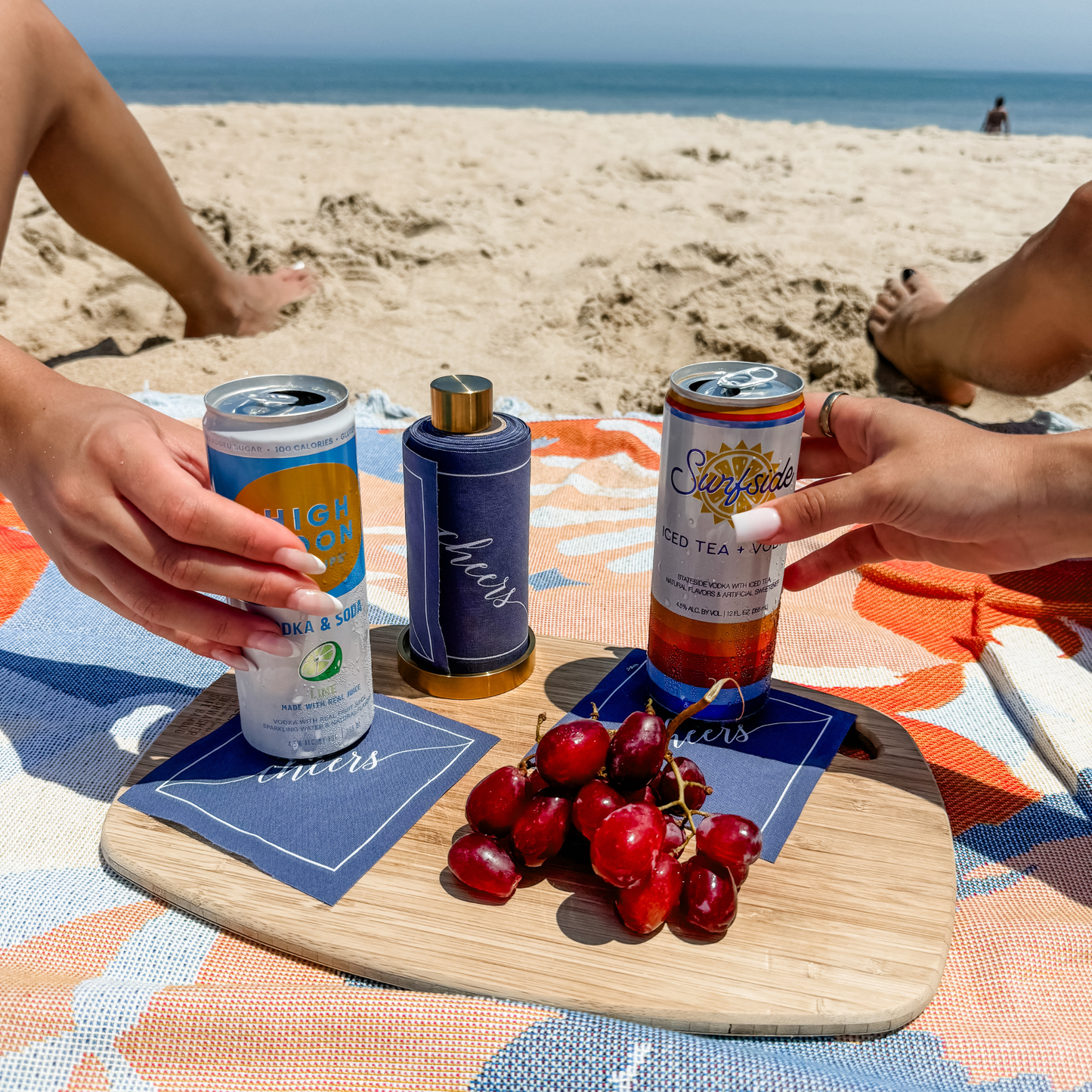 Cotton Cocktail Napkin Roll: Mystic Blue - White "Cheers"