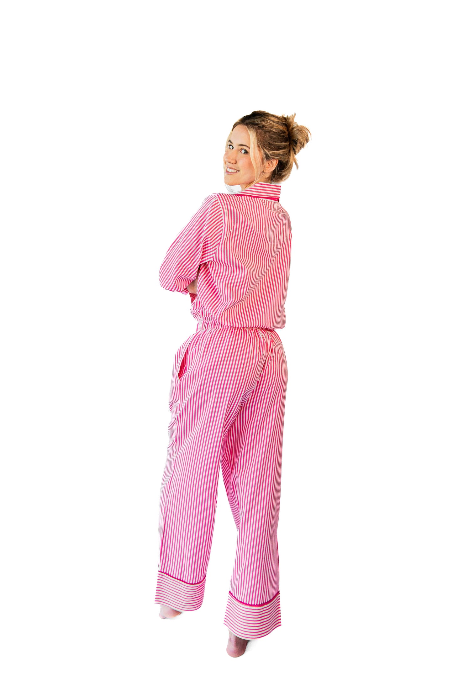 Ticking Stripe Luxe Sateen Full Pajama Set - Pink: Pink / Small