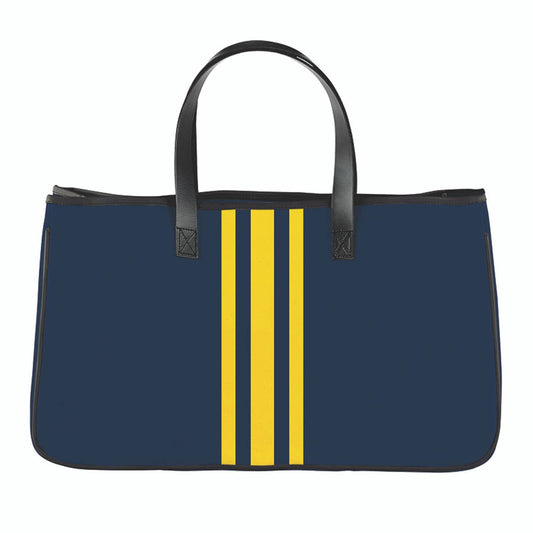 Collegiate Racer Stripe Canvas Tote - Navy Blue: 100% Cotton Canvas/Genuine Leather Handles/Waterproof Lining / 11" H x 20" W x 6" D, Inside Pocket: 7.5" H x 9" W
