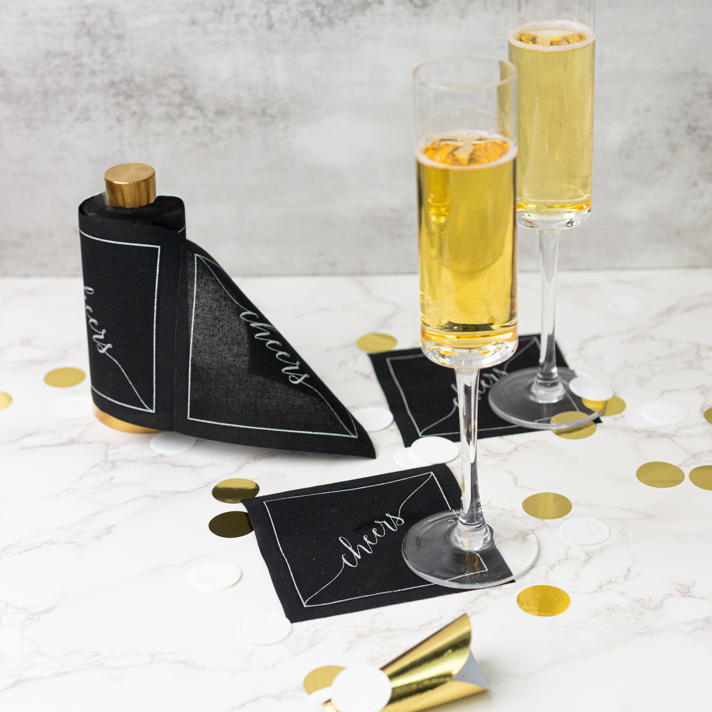 Cotton Cocktail Napkin Roll: Midnight Toast -Silver "Cheers"