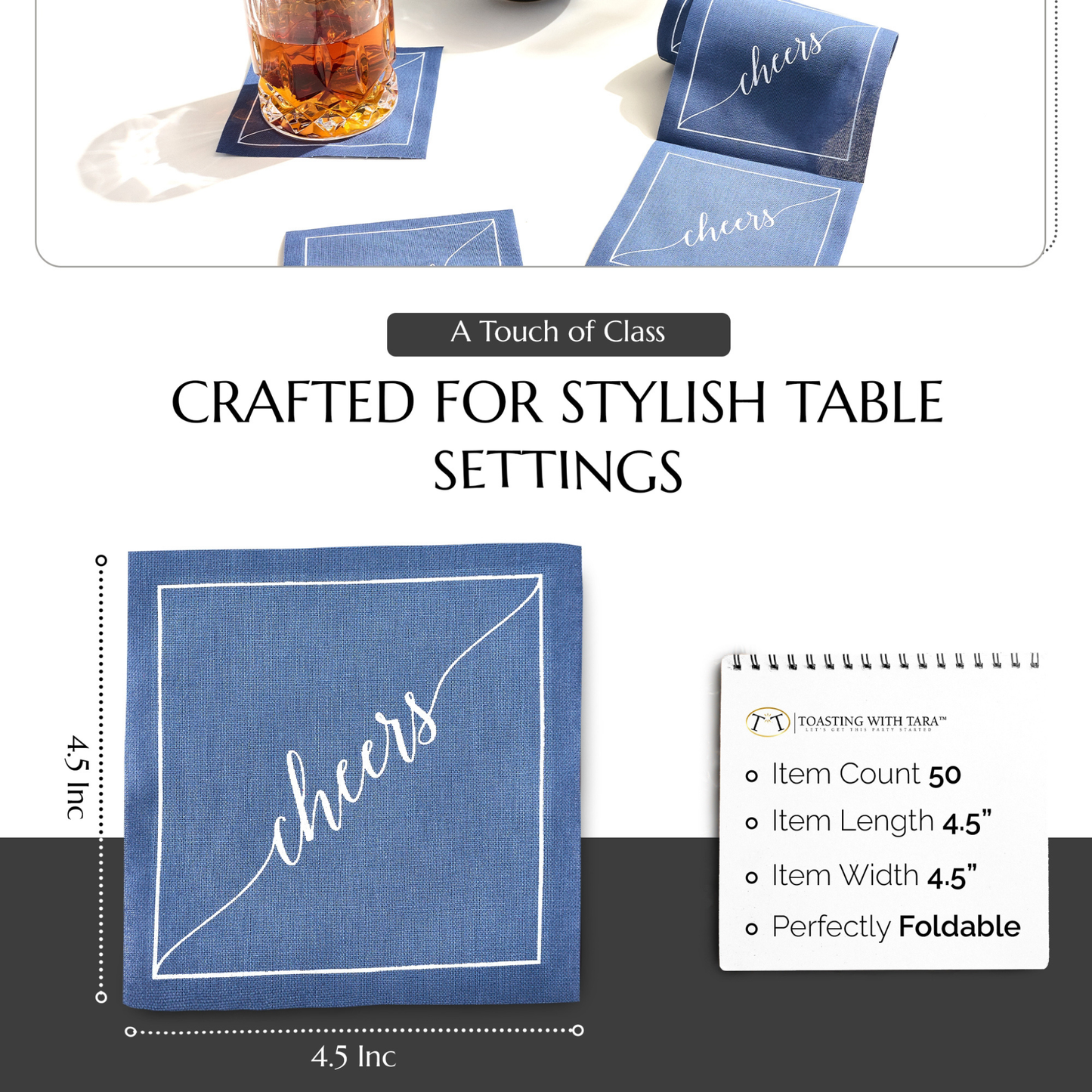 Cotton Cocktail Napkin Roll: Mystic Blue - White "Cheers"