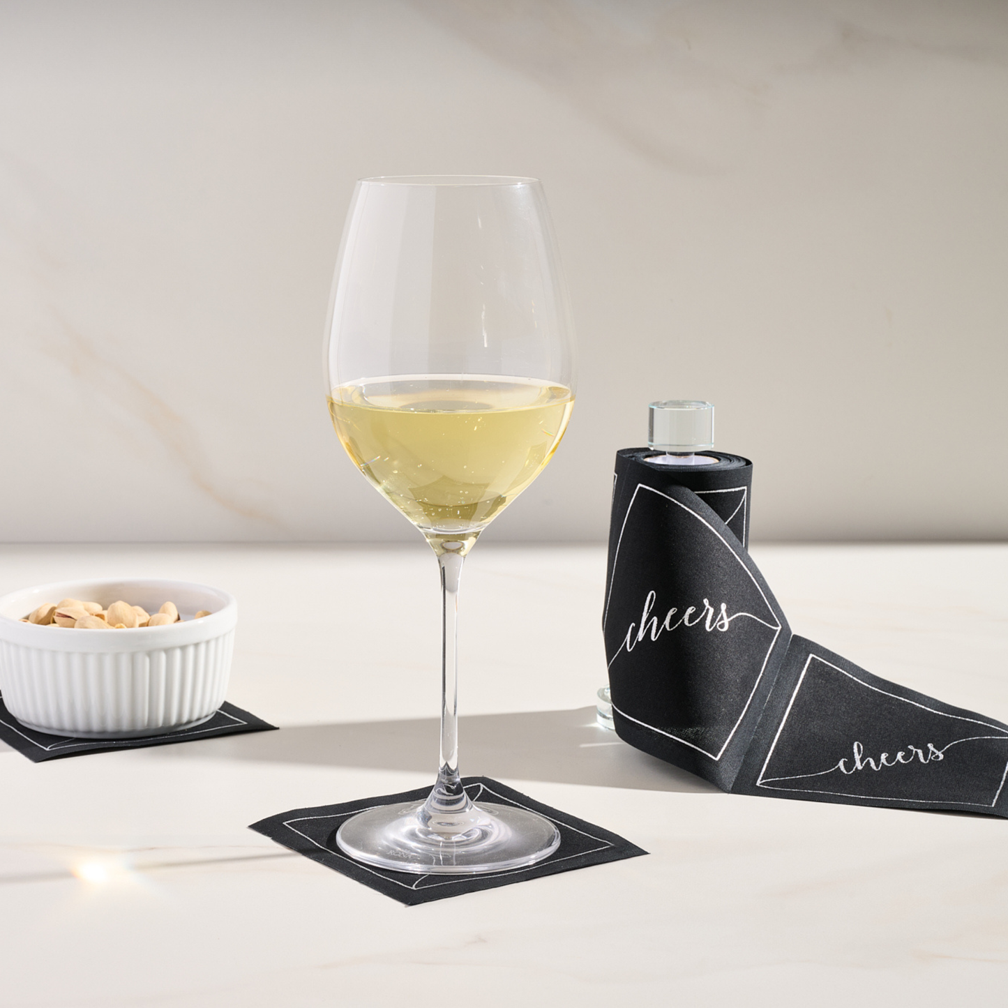 Cotton Cocktail Napkin Roll: Midnight Toast -Silver "Cheers"