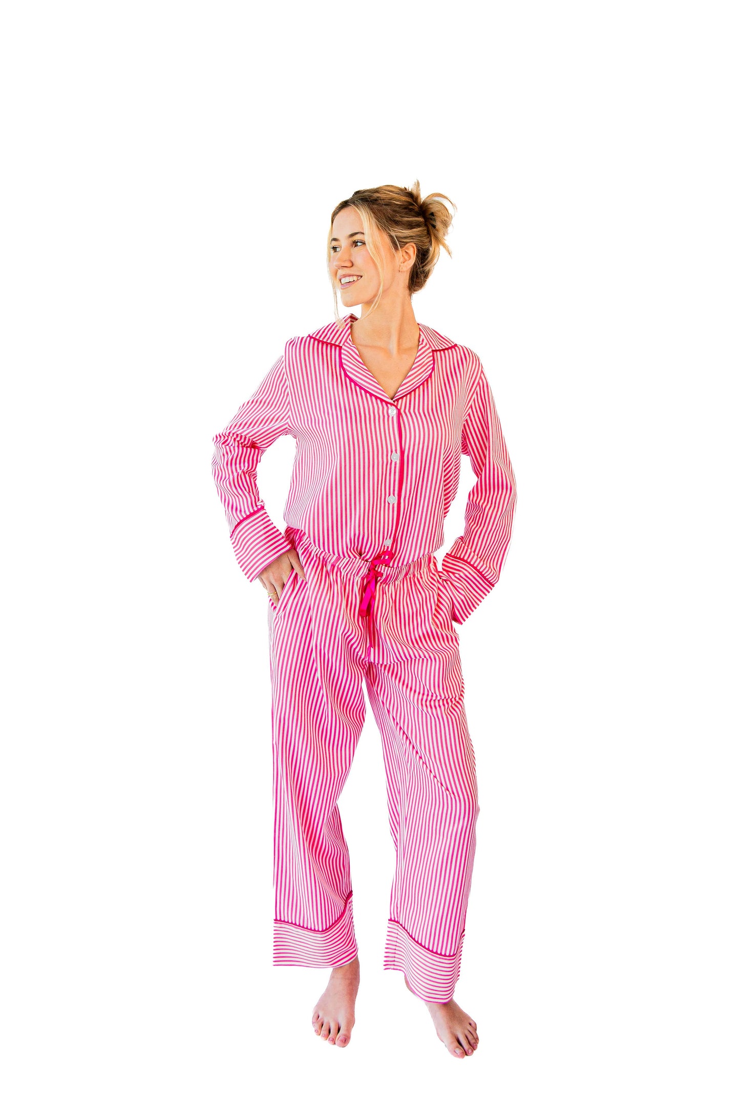 Ticking Stripe Luxe Sateen Full Pajama Set - Pink: Pink / Medium