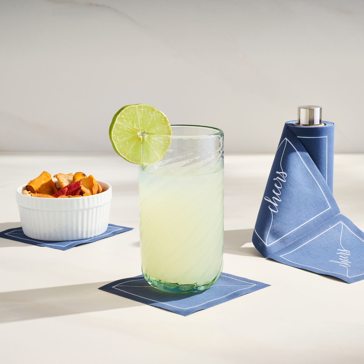 Cotton Cocktail Napkin Roll: Mystic Blue - White "Cheers"
