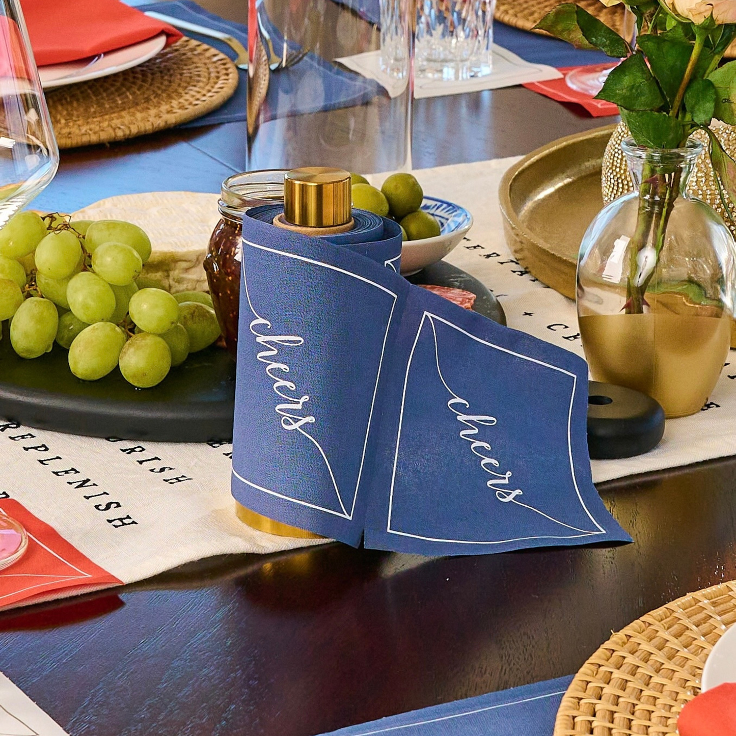 Cotton Cocktail Napkin Roll: Mystic Blue - White "Cheers"