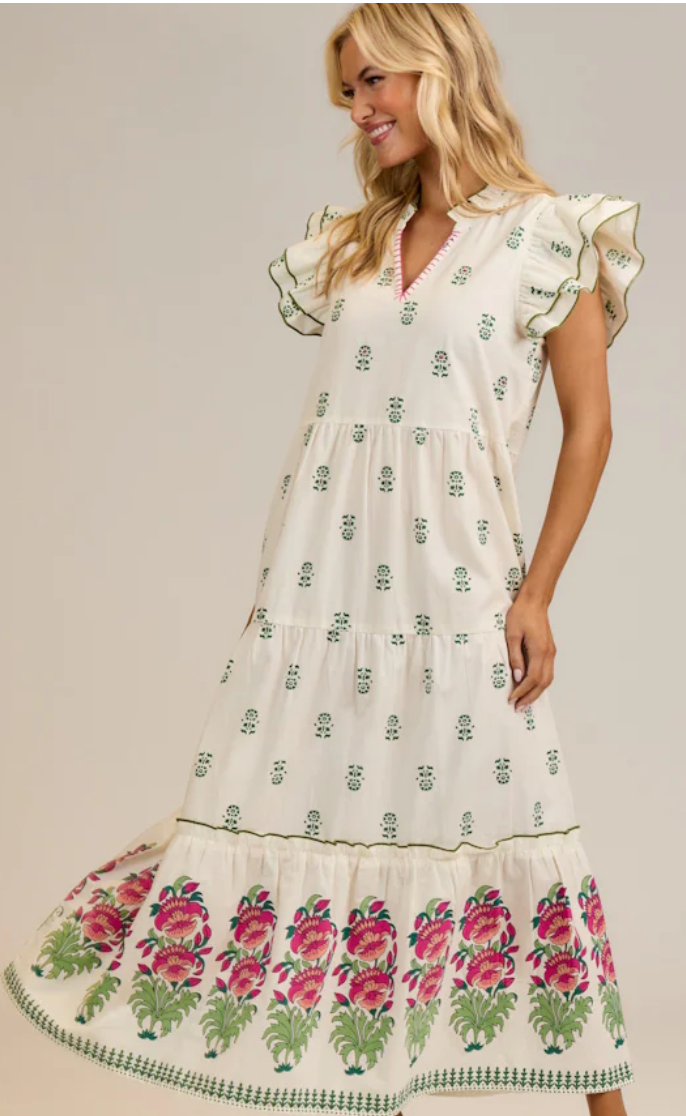 Maxi dress tiered green and raspberry design