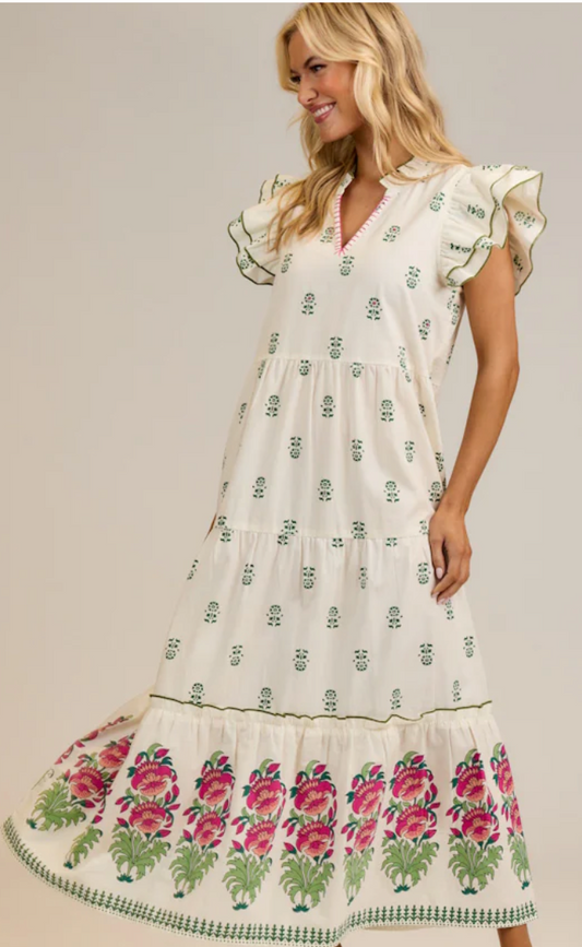 Maxi dress tiered green and raspberry design