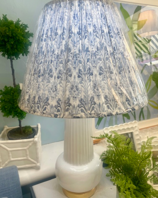 White Table Lamp with Blue and White Pleated Shade