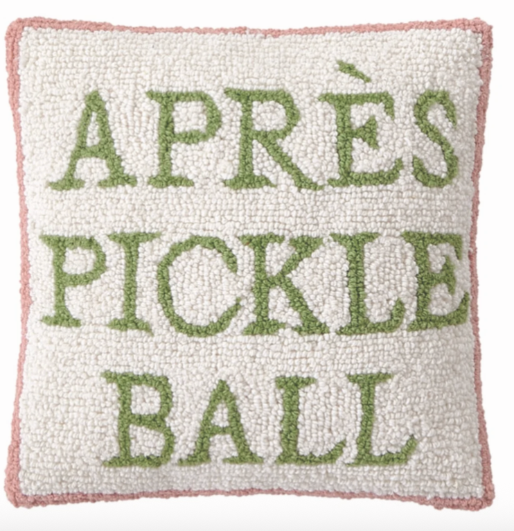 Apres pickleball needlepoint pillow