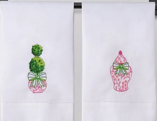 Set/2 Embroidered guest towels pink chinoiserie