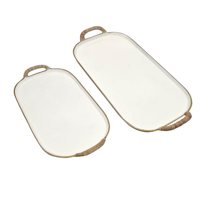 Tray Enamel Small White and Rattan handles