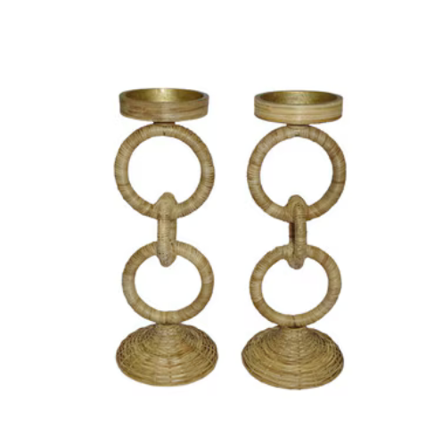 Candleholder Pair of 2 Large Rattan wrapped