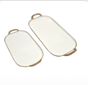 Tray Enamel Large White with Rattan handles
