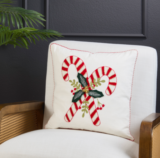 Candy Cane And Holly Pillow
