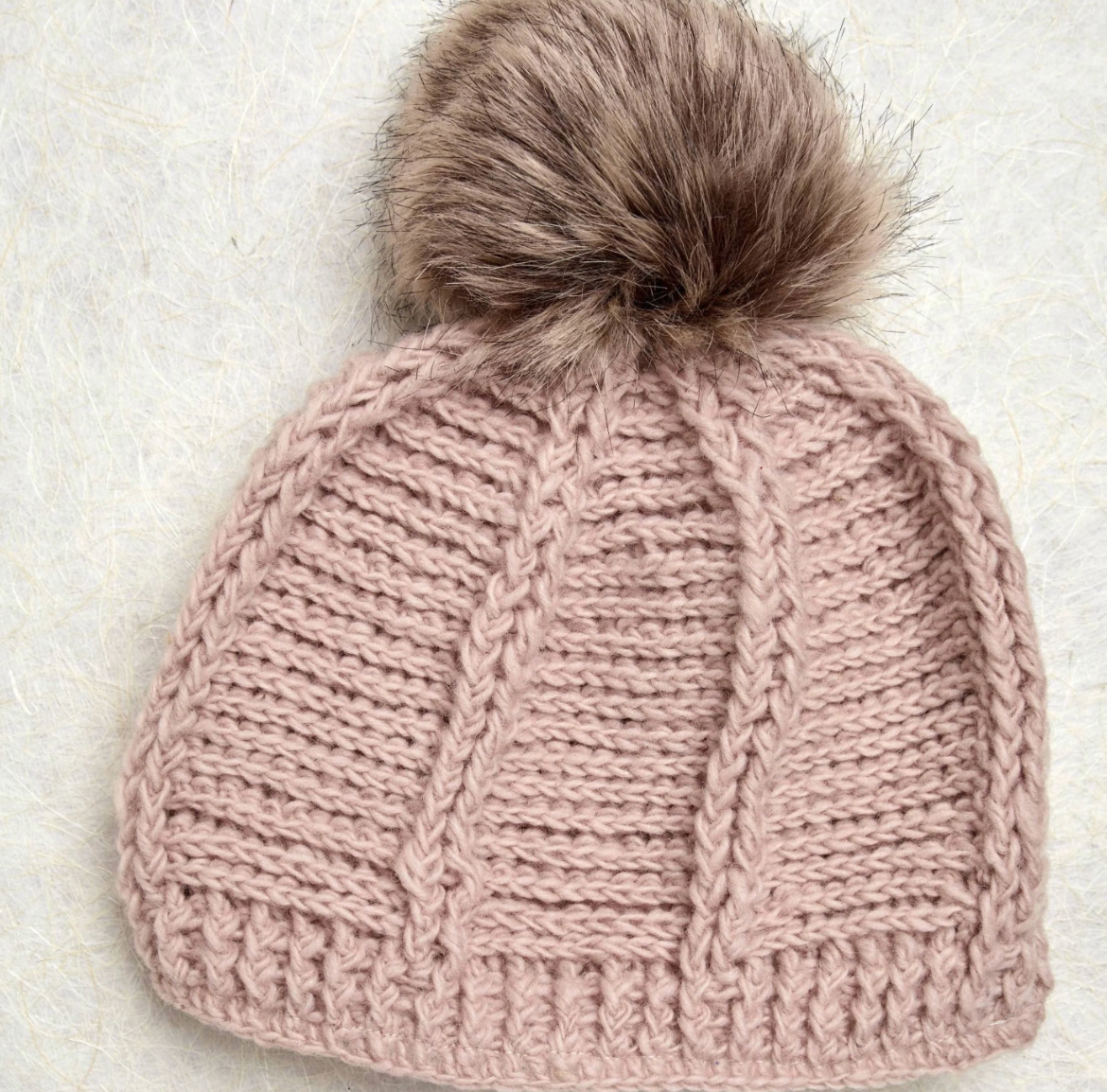 Ribbed Knit Pom Beanie - Tan Rose