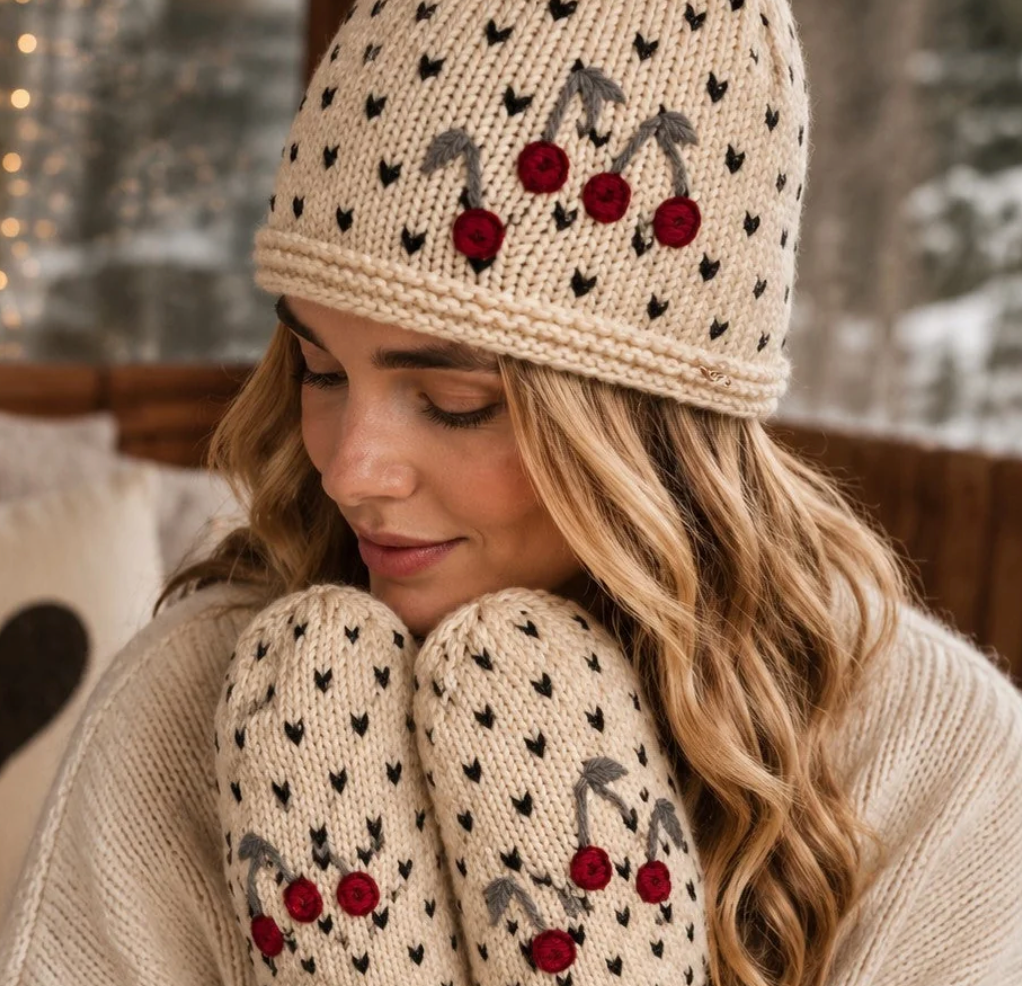 Cherries Embroidered Knit Beanie - Ecru