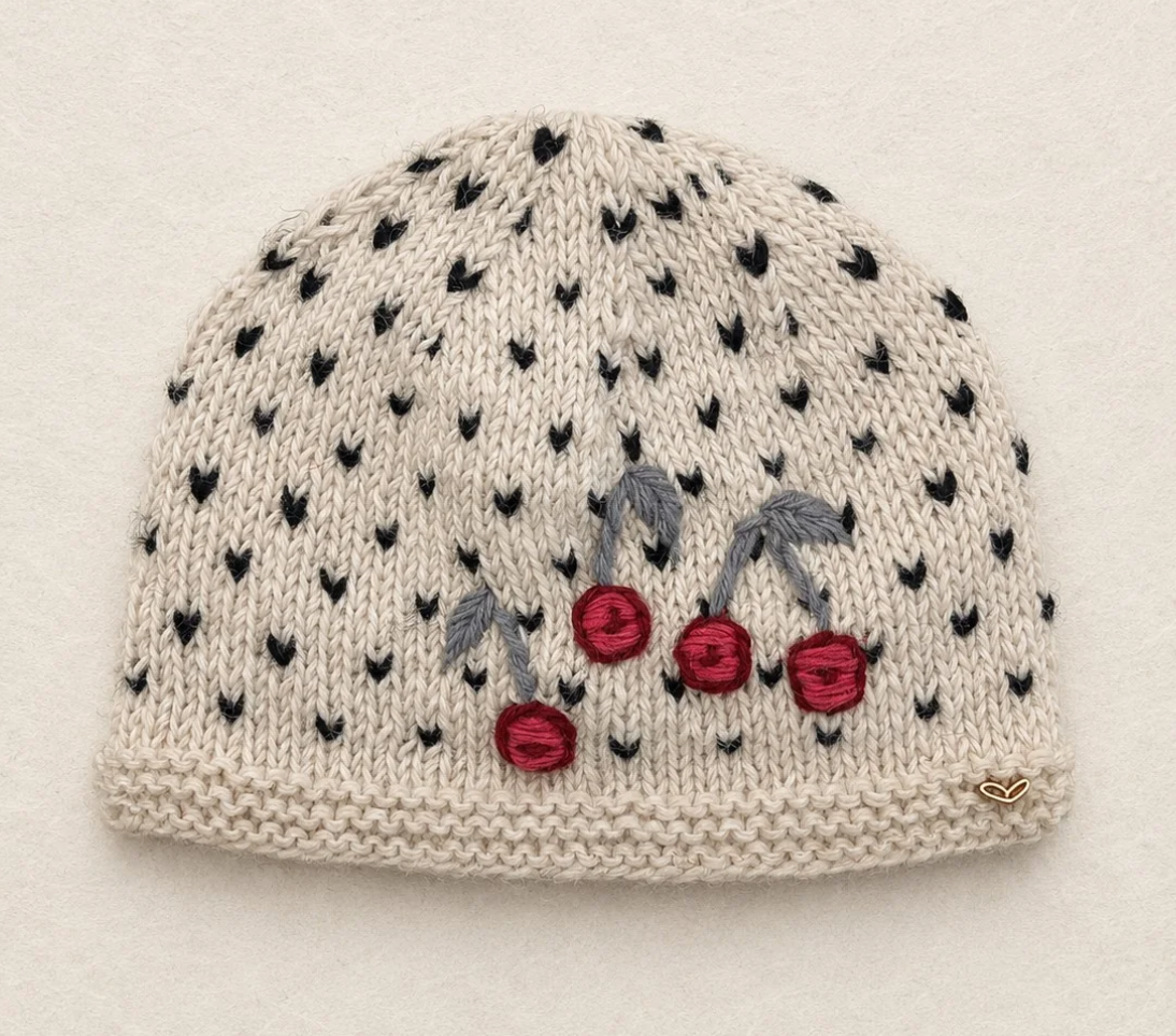 Cherries Embroidered Knit Beanie - Ecru