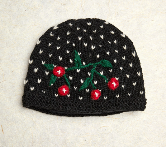Cherries Embroidered Knit Beanie - Noir