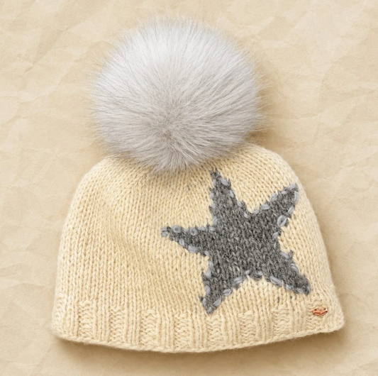 Star Embroidered Knit Pom Beanie - Ecru