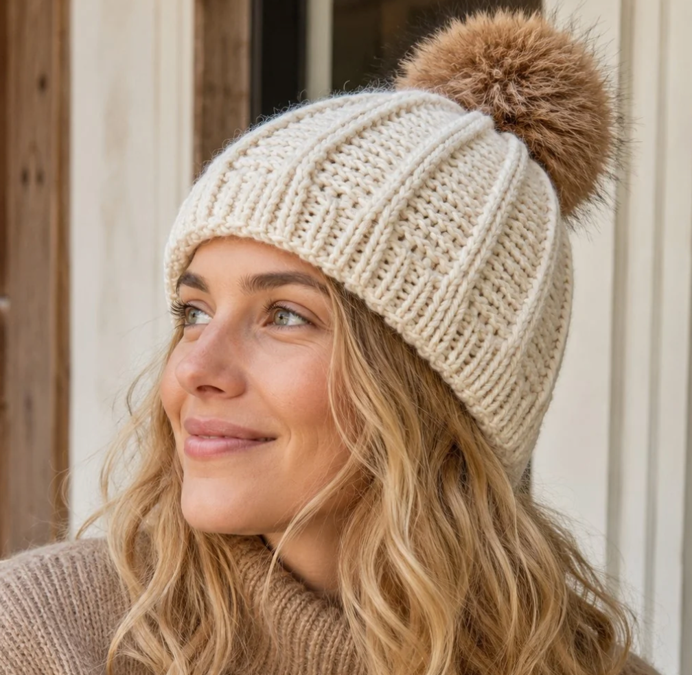 Ribbed Knit Pom Beanie - Ecru