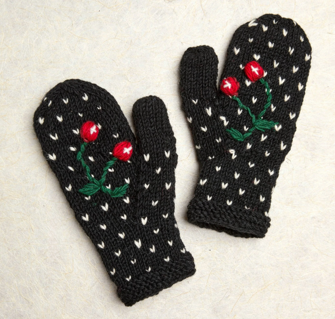 Cherries Embroidered Knit Mittens - Noir
