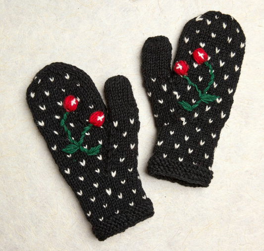Cherries Embroidered Knit Mittens - Noir