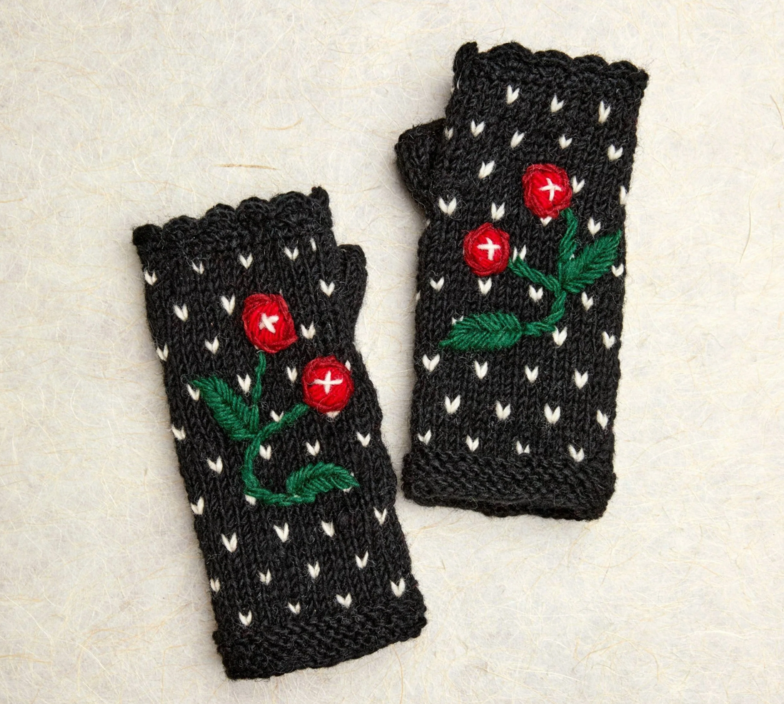 Cherries Embroidered Knit Fingerless Gloves - Noir