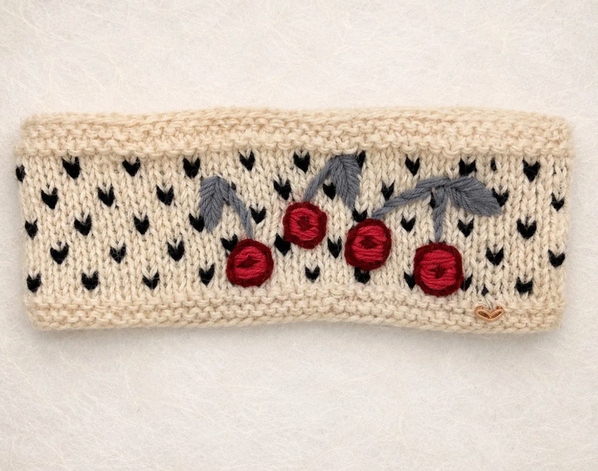 Cherries Embroidered Knit Headband - Ecru