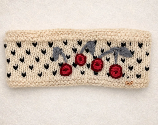 Cherries Embroidered Knit Headband - Ecru