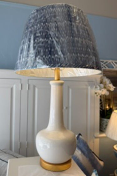 White lamp/gold base with blue pleated shade
