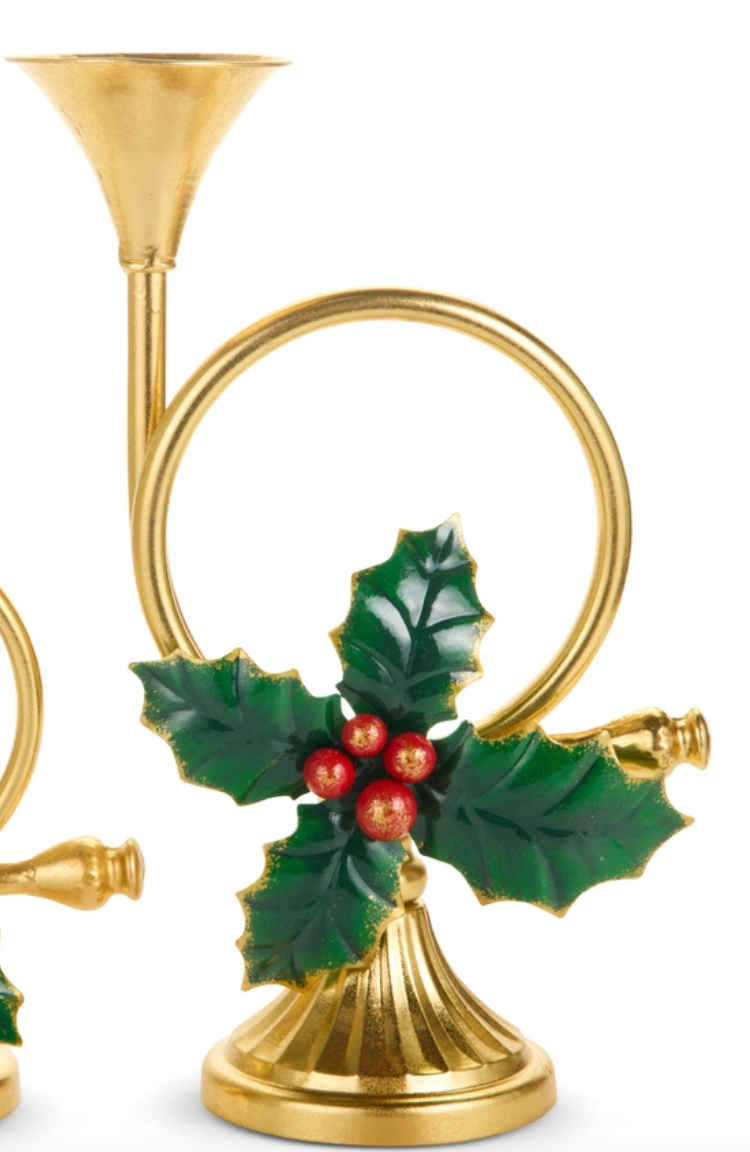Holiday Decor French Horn Candlestick holder Large 8.5" Hgt