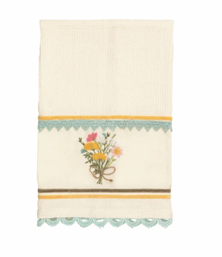Floral Embroidered Waffle Towel - Yellow