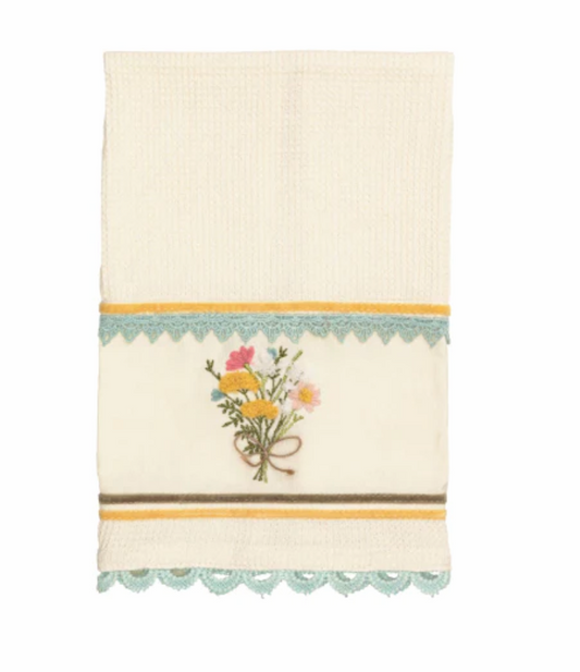 Floral Embroidered Waffle Towel - Yellow