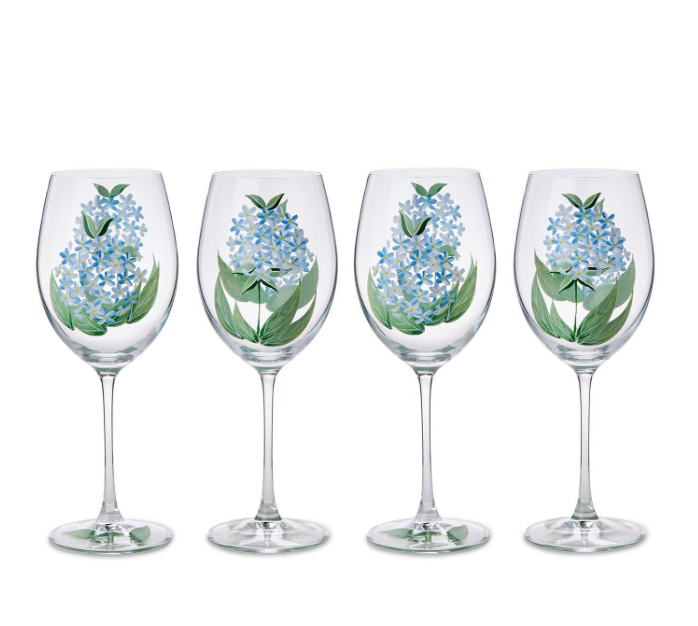 S/4 HYDRANGEA HAND-PAINTED STEMMED WINE GLASSES