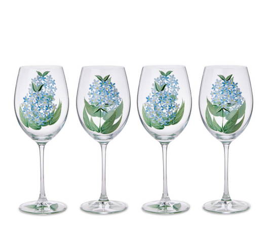 S/4 HYDRANGEA HAND-PAINTED STEMMED WINE GLASSES