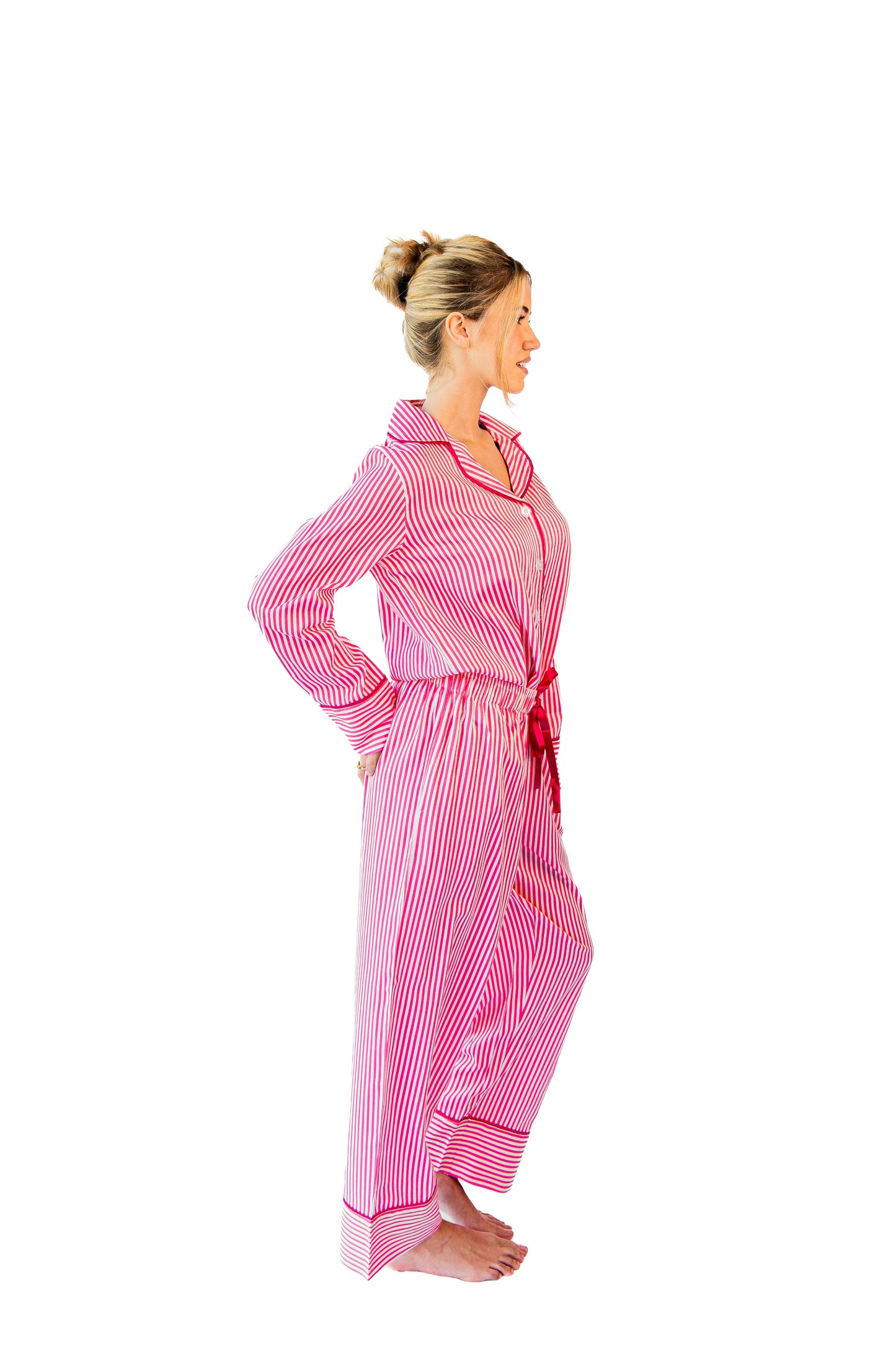 Ticking Stripe Luxe Sateen Full Pajama Set - Pink: Pink / Small
