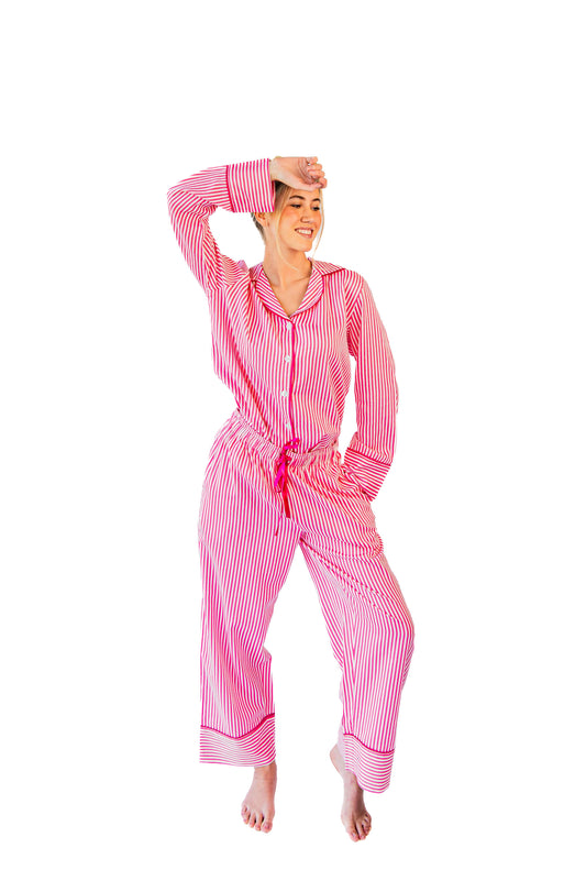 Ticking Stripe Luxe Sateen Full Pajama Set - Pink: Pink / Medium