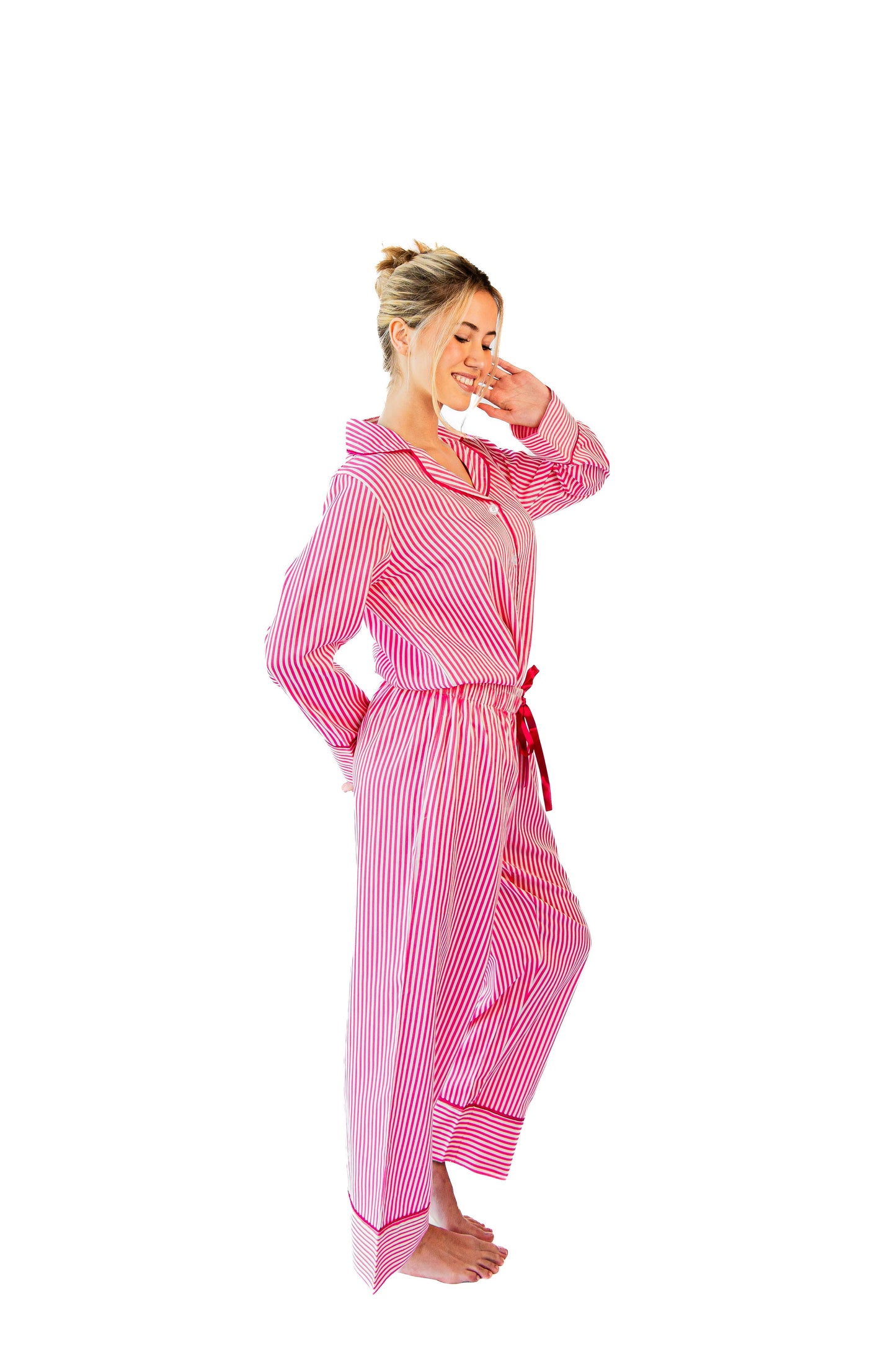 Ticking Stripe Luxe Sateen Full Pajama Set - Pink: Pink / Medium